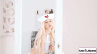 Small tits blonde dresses up as a nurse for a roleplay.She takes care of her busty gf and licks and fingers her cunt.She facesits her as shes rimmed