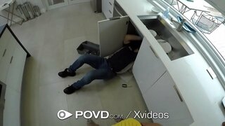 Big dick slides into tight brunette pussy